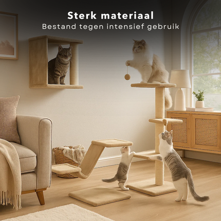 Cheqo® Katten Klimwand - Katten Muur - Krabpaal - Katten Speelwand - Katten Klimmen - Complete Set - Beige Kattenwand - Klimmogelijkheden Kat - Kattenmeubel Wand - Katten Speelset - Katten Klimset - Katten Klim Onderdelen