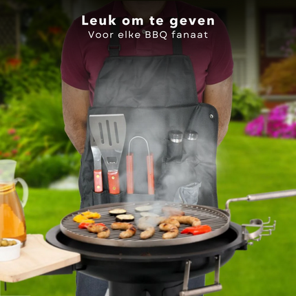 Cheqo® Premium BBQ Gereedschap Set - BBQ Schort - Barbecue Accessoires - 7-Delig - Roestvrijstaal - Inclusief Spatel, Vork, Vleestang & Meer - BBQ Tang