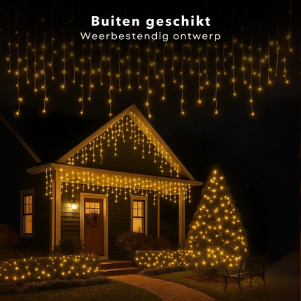 Cheqo® Ijspegel Verlichting - Lichtgordijn - 360 LED's - 12 Meter - Warm Wit - Binnen En Buiten - LED Lampjes - Kerstverlichting - IP44 Adapter - 3 Meter Aanloopsnoer - Lange En Korte Strengen - 52 cm Strengen - Energiezuinig