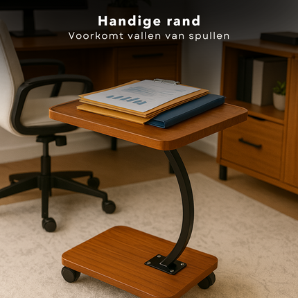 Cheqo® Bijzettafel Op Wieltjes - Moderne Bijzettafel C Vorm - Zwart Frame - Vintage Bruin Blad - MDF En Metaal - Zwenkwielen - Zonder Wieltjes - Opstaande Rand - Bijzettafel Woonkamer - Bijzettafel Industrieel - Bijzettafel Bank