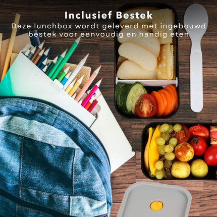 Cheqo® Kunststof Lunchbox - 2-laags - Met Bestek - Vaatwasmachinebestendig - Inclusief Sluitband - Onderweg Eten -  Bewaarbakjes - Meal Prep Bakje - Vershouddoos - Voedselcontainer - Vaatwasserbestendig - 1.2L Broodtrommels