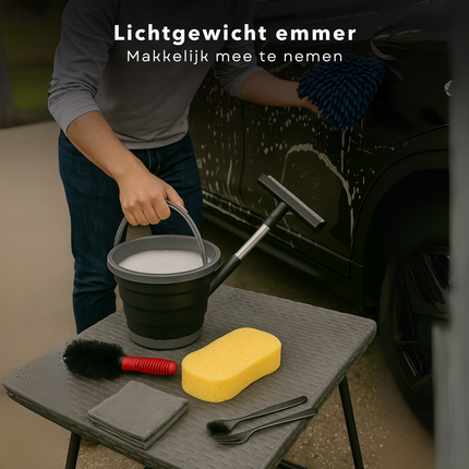 Cheqo® Auto Schoonmaakset 7-Delige Set – Microvezel Doek & Autowashandschoen – Opvouwbare Emmer – Velgenborstel – Raamwisser – Auto Interieur & Exterieur Reiniging – Compact & Lichtgewicht – Zonder Krassen – Auto Poets Set