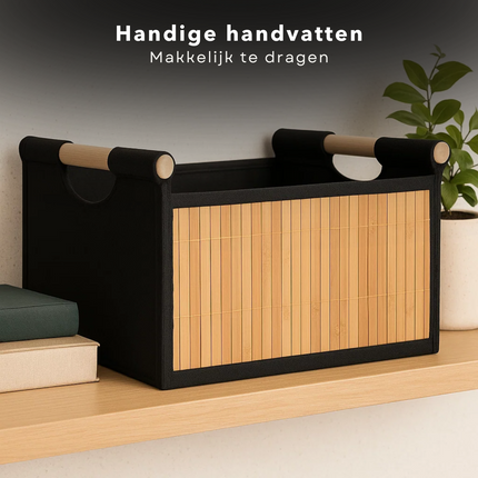 Cheqo® Bamboe Opbergmanden - Set Van 3 - Multifunctionele Manden - Badkamermanden - Stapelbare Manden - Houten Handvatten - Naturel En Zwart - Opbergdoos - Kastmanden - Bamboe Materiaal - Verschillende Formaten - Opbergoplossing