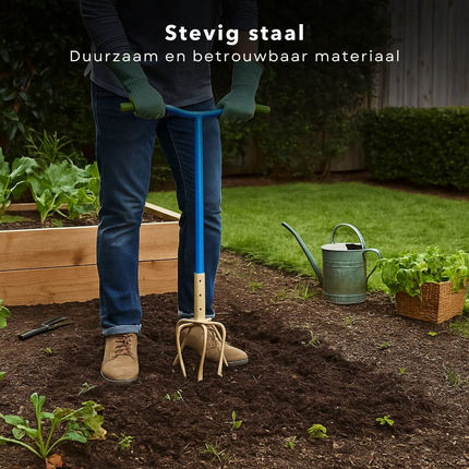 Cheqo® Tuinklauw Verstelbaar - 4-Tands Woelvork - Grond Beluchten - Onkruid Verwijderen - in Lengte Verstelbaar - Ergonomisch Handvat - Staal met Kunststof - Rug- en Knieontlastend - Tuinieren zonder Bukken - Woelvork met Handvatten