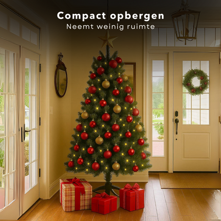 Cheqo® Kunstkerstboom Met Verlichting - Kunstkerstboom 185 cm - Verstelbare Takken - Onderhoudsvriendelijke Kerstboom - Kunststof Kerstboom - Kerstboom Voor Binnen - Warm Witte LED Lampjes - Kerstboom Met Standaard - Ruimtebesparende Kerstboom
