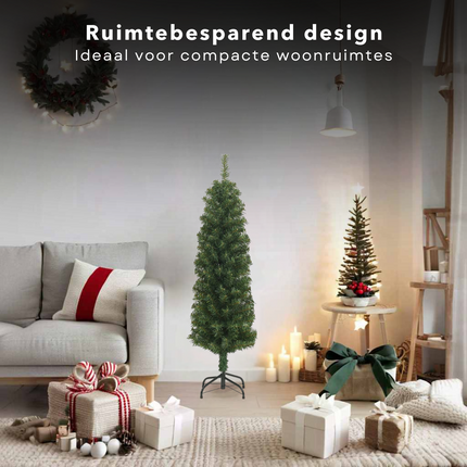 Cheqo® Kunstkerstboom Smal - Smalle Kerstboom - 120 cm - Levensecht PVC - Inclusief Standaard - Binnen/Buiten Gebruik