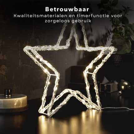 Cheqo® Luxe Kerstster - 80 LED's - Timer - Op Batterijen - Binnen en Buiten - 32 cm - Kerstverlichting - Kerst Figuur - Kerstlampjes - Kerstversiering - Lichtslinger - Voor Binnen en Buiten - Metalen Frame - Acryl - 30 x 32 x 5 cm - Energiezuinig Verlichte Kerstfiguren