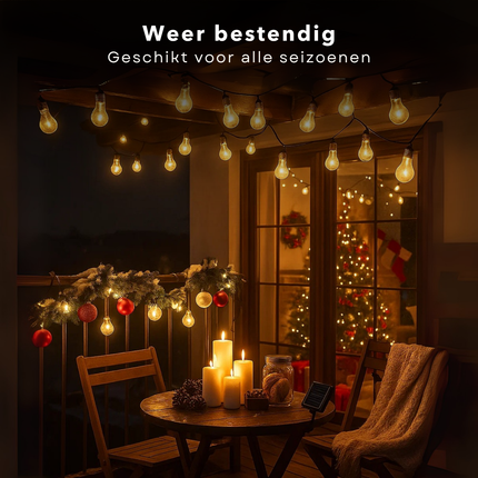 Cheqo® Solar Feestverlichting - 10 Lampen - Warm Wit Licht - Vervangbare Batterij - Tuinverlichting Op Zonne-Energie - Lichtslinger Buiten - Sfeerverlichting - Transparante Lampen - Energiezuinig - Tuin Decoratie