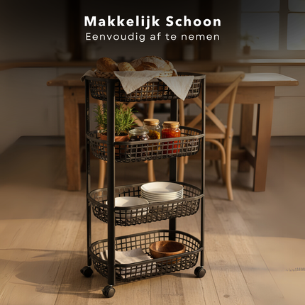 Cheqo® Keukentrolley Op Wieltjes - 4 Lagen - Opberg Trolley - Kunststof Trolley - Smalle Rolwagen - Keuken Organizer - Opberg Manden - Badkamer Organizer - Keuken Opbergrek