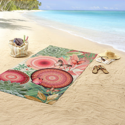 Velours Strandlaken 100x180 cm - Mandala en Vlinders Print - Groen/Rood - 1 Persoons - HIP Design