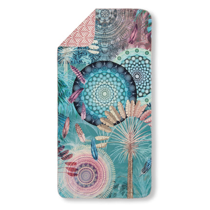 Strandlaken 50x100 cm - Mandala en Veer Print - Blauw/Roze - Polyvelvet - Voor Sport & Reizen