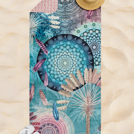 Strandlaken 50x100 cm - Mandala en Veer Print - Blauw/Roze - Polyvelvet - Voor Sport & Reizen