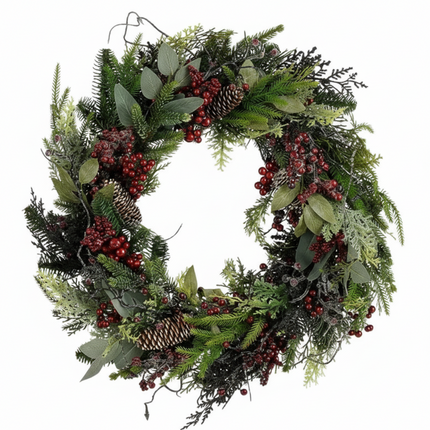 Cheqo® Kerstkrans Bordeaux - Kerstkrans Met Dennenappels - Groene Takken En Bladeren - Bordeauxrode Besjes - Natuurlijke Dennenappels - Ø50 CM - Kerstsfeer In Huis - Voordeur Decoratie - Kerst Krans - Deurkrans
