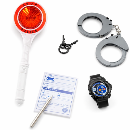 Cheqo® Politie Speelset - Politie Rollenspel Set - Politie Accessoires Speelgoed - Politie Handboeien Speelgoed - Speelgoed Handboeien met Sleutel - Politie Stopsignaal Speelgoed - Politie Horloge Speelgoed - Politie Bonnenboekje Speelgoed