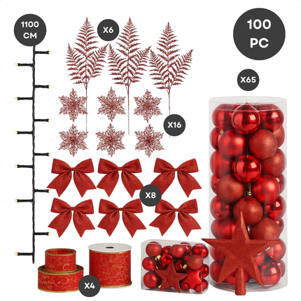 Cheqo® Kerstversiering Set - Rode Kerstdecoratie - Kerstboom Versiering - Kunststof Kerstballen - Luxe Decoratieset - Rode Kerstballen - Kerstboom Verlichting - Warmwitte Led-Lampjes - Onbreekbare Kerstballen
