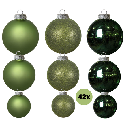 Cheqo® Donkergroene Glazen Kerstballen - Kerstboomversiering Donkergroen - Glans En Mat - Glitter Kerstballen - Kerstbal Set Van 42 Stuks - Verschillende Afmetingen - Rode Kerstballen - Kerstbal Rood
