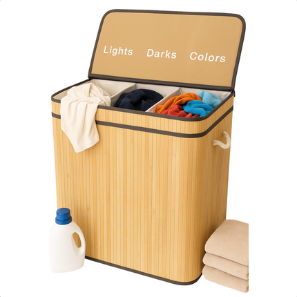 Cheqo® Wasmand 3 Vakken - Wassorteerder - Bamboe Materiaal - Uitneembare Waszak - Licht Donker Kleur - 100 Liter Inhoud - Naturel Kleur - Wasbare Binnenzak - Wasgoed Organizer - Gescheiden Was