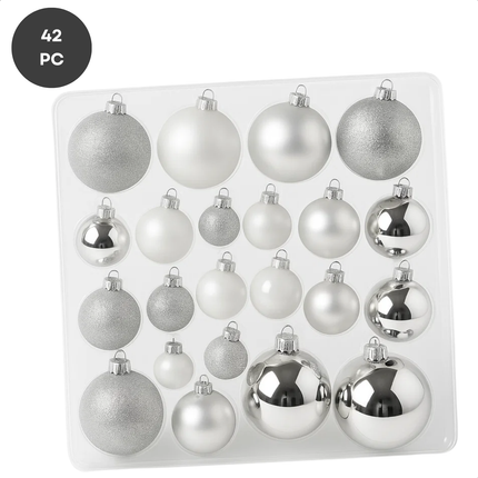 Cheqo® Kerstballen Set - Glazen Kerstballen - Kerstbal Wit - Witte Kerstballen - Kerstboom Decoratie - Glimmende Kerstballen - Glitter Kerstballen - Moderne Kerstdecoratie - Kerstballen Set 42 Stuks