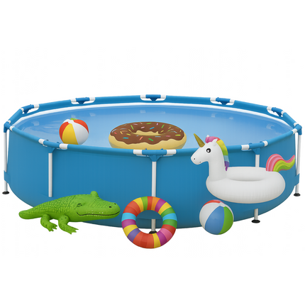 Cheqo® Zwembad Set – Rond Opzetzwembad met Stevig Stalen Frame – PVC Liner – Filterpomp & Cartridge – Leegloopventiel – Zwembad voor Kinderen – Eenvoudig op te Zetten – Tuinzwembad met Accessoires – Zwembad
