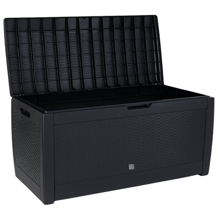 Cheqo® Opbergbox Tuin 310L – Tuinkussenbox met Deksel & Wielen – Kunststof Kussenbox Buiten – Zwarte Wickerlook – Weerbestendig – Verrijdbare & Afsluitbare Tuin Opbergkist – Duurzame Opbergbox Balkon & Garage