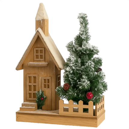 Cheqo® Verlicht Kersthuisje - Kersthuis met LED Verlichting - Warm Wit - Werkt Op Batterijen - Houten Kersthuis - Kerstdecoratie - Kersthuisjes En Kerstdorpen - Aanloopsnoer - Kerstornament Kerstdorp - Sfeerverlichting - Winterdecoratie