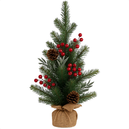 Cheqo® Kunst Kerstboompje - Decoratie Kerstboom - 45 cm Hoog - Rode Bessen - Jute Zak - Groen/Rood - Mini Kerstboom - Kerstboom Met Bessen - Decoratieve Boom - Kerstboom Voor Binnen - Kerstboom Zonder Verlichting - Compacte Kerstboom