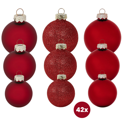 Cheqo® Donkerrode Glazen Kerstballen - Kerstboomversiering Donkerrood - Warme Feestelijke Uitstraling - Glittervariant Kerstballen - Kerstbal Set Van 42 Stuks - Kerstboom Decoreren - Kerstballen Rood - Rode Kerstballen