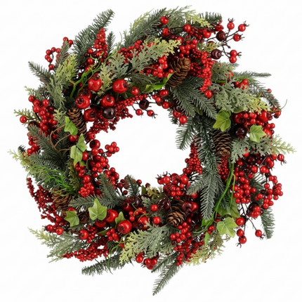 Cheqo® Kerstkrans Met Dennenappels - Rode Bessen Kerstkrans - Groene Takken Krans - Traditionele Kerstkleuren - Ø50 CM Krans - Klassieke Kerstdecoratie - Feestelijke Krans - Kerstversiering Groen Rood - Deurkrans Kerst - Wandkrans Kerst