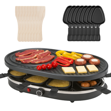 Cheqo® Raclette Grill 8 Personen - Compacte Raclette Grill - Stalen Grillplaat - Antiaanbaklaag - PFAS-Vrij - Gourmet - Gourmetten - Anti-Slip Voetjes - Houten Spatels - Eenvoudig Te Reinigen