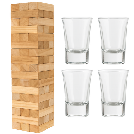 Cheqo® Drinkspel - Drankspel Voor Volwassenen - Gezelschapsspel - Houten Blokjes - Stapelspel - Spel Voor 2 - 4 Spelers - Gemiddelde Speeltijd 15 Minuten - Bouw De Toren - Vallende Toren - Shotglaasje Leegdrinken - 60 Houten Blokjes