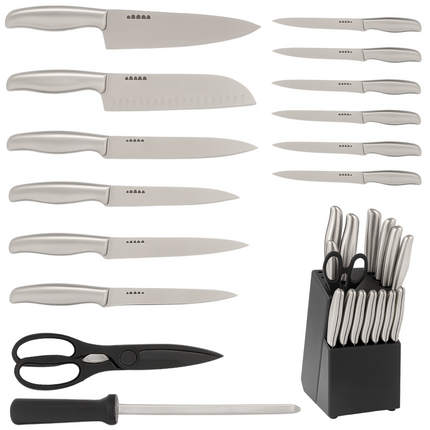 Cheqo® 15-delige Messenset met Messenblok Zwart – RVS Koksmes Broodmes Snijmes Santokumes – Steakmessen – Schilmes – Universeel Mes – Aanzetstaal – Keukenschaar – Anti-kleeflaag – Japanse Chefkok Messen – Strak Design