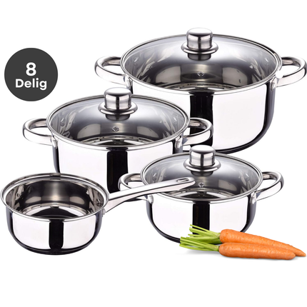 Cheqo® Roestvrijstalen Pannenset – 8-Delige Pannenset – Geschikt voor Inductie & Alle Warmtebronnen – Vaatwasmachinebestendig – Glazen Deksel met Stoomgat – PFAS-Vrij – Met Maataanduiding – Kookpan met Deksel – Sauspan met Deksel