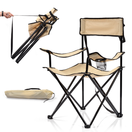 Cheqo® Opvouwbare Campingstoel - Inklapbare Campingstoel - Metalen Campingstoel - Campingstoel met Bekerhouder - Campingstoel Lichtbruin