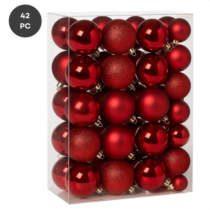 Cheqo® Kerstballen Set - 42 Stuks - Ø7 cm - Rode Kerstballen - Glazen Kerstballen - Kerstboom Decoratie - Matte Kerstballen - Glimmende Kerstballen - Glitter Kerstballen - Trendy En Modern - Warme Uitstraling - Kerstbal Set Rood
