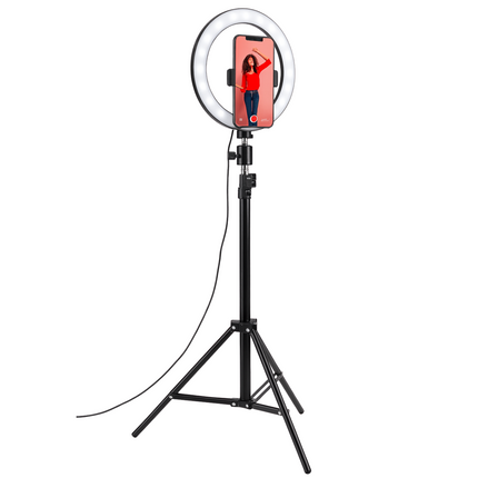 Cheqo® Ringlamp Met Statief - Selfie Ringlight - 20 cm Diameter - 80 LEDs - Verstelbaar Statief - 210 cm Hoogte - Drie Lichtmodi - 360° Draaibare Telefoonhouder - USB Voeding - Dimbare Verlichting - TikTok En YouTube - Contentmakers