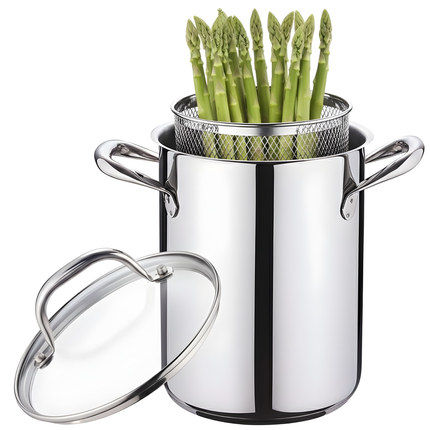 Cheqo® Aspergepan RVS - Pastapan - Glazen Deksel - Stoomuitlaat - Inzetmand - Vaatwasser Veilig - Geschikt Voor Inductie - Alle Warmtebronnen - Roestvrij Staal - 4.2 Liter Inhoud - 16 cm Diameter - 21 cm Hoog - Multifunctioneel Koken