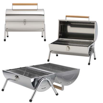 Cheqo® Draagbare Houtskoolbarbecue – Compacte Cilinder BBQ – RVS Tafelbarbecue – Opvouwbare Mini Barbecue voor Camping, Tuin, Balkon & Picknick – Dubbel Grilloppervlak – Lichtgewicht Chroom BBQ met Sluitclip – Voor Buiten & Reizen