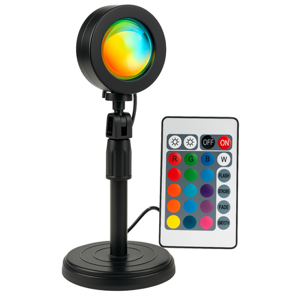 Cheqo® Sunset Lamp - 16 Kleuren - LED Projectorlamp - Afstandsbediening - Sfeerverlichting - RGB Lamp - Dimbare LED - USB-A Aansluiting - Verstelbare Hoogte - Tafellamp - Nachtlamp - Decoratief Sfeerlicht - Zonsondergang Projectie