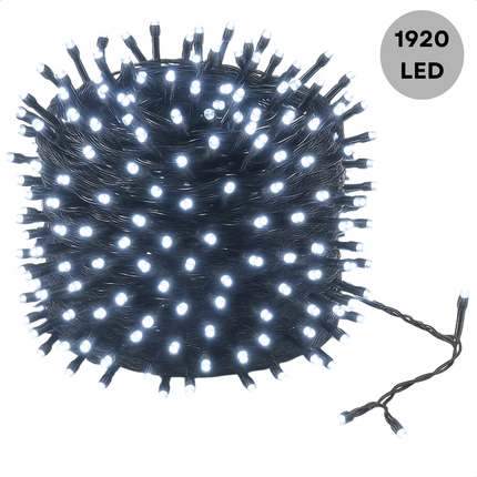 Cheqo® Kerstverlichting - Kerstlampjes - Kerstboomverlichting Wit - 1920 LED Lampjes - Koel Wit Licht - 25 Meter Lengte - Binnen en Buiten - IP44 Adapter - 8 Lichtfuncties - Automatische Timer - Geheugenfunctie - Cluster Kerstverlichting