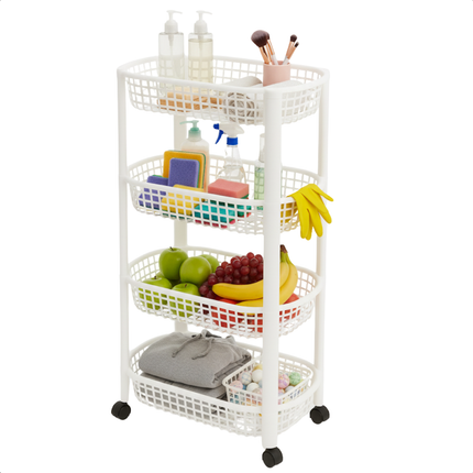 Cheqo® Keukentrolley Op Wieltjes - 4 Lagen Manden - Wit Kunststof - Opbergtrolley Keuken of Badkamer - Ruimtebesparend Ontwerp - Keuken Organizer - Multifunctionele Trolley - Smalle Rolwagen - 4 Wieltjes