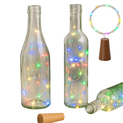 Cheqo® LED Kurk Flessenverlichting - Multicolor LED Lampjes - Lichtsnoer Op Batterijen - Decoratieve Flesverlichting - IP44 - Kurk Met Lichtsnoer - Sfeerverlichting Voor Flessen - Feestverlichting LED - 8 LED Lampjes