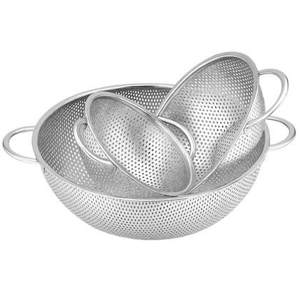 Cheqo® Roestvrijstalen Vergiet - Vergietset 3-Delig - Keukenaccessoire RVS - Verschillende Maten - 16.5 cm Vergiet - 22.5 cm Vergiet - 28.5 cm Vergiet