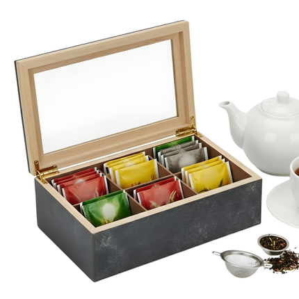 Cheqo® Theedoos 6 Vaks - Theedoos met Vakken - Theekist - Theezakjes Doos - Theezakjes Opbergdoos - Thee Organizer - Theedoos Zwart - Theedoos met Glazen Deksel