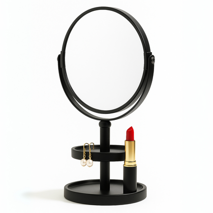 Cheqo® Make-Up Spiegel met Oganizer - Scheer Spiegel - Vergroot Spiegel - Makeup Spiegel met Houder - Zwart - Dubbelzijdig - Metaal