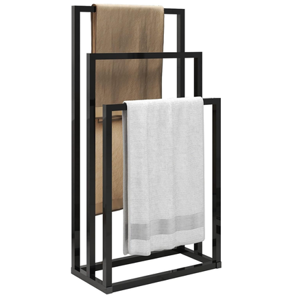Cheqo® Vrijstaand Handdoekrek - Handdoekenrek Badkamer - Metaal Handdoekrek - Mat Zwart - 3 Niveaus - Anti-Kras Viltdopjes - Industrieel Design - Handdoekrek Zonder Boren