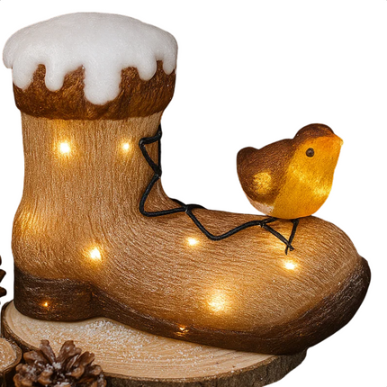 Cheqo® Verlicht Kerstfiguur Acryl - Vogel Op Laars - LED Verlichting - Kerstversiering - Acryl Materiaal - Werkt Op Batterijen - Binnen En Buiten - Timerfunctie - IP44 Batterijbox - Verlicht Kerstfiguur - Decoratieve Verlichting