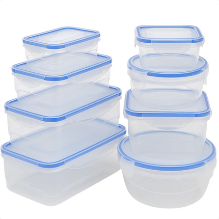 Cheqo® Plastic Bewaardozen - 16-Delige Set - Klikdeksel - Magnetronbestendig - Vaatwasserbestendig - Diepvriesbestendig - Voedsel Bewaren - Vershoudbakjes - Polypropyleen Kunststof - Transparante Bakjes - Rechthoekige Doosjes - Meal Prep