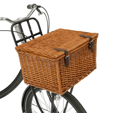 Cheqo® Fietsmand Riet 30L – Bakkersmand Bruin met Deksel & Riempjes – Voorrek Fietsmand – Nostalgisch Design – Vaste Montage – Picknickmand – Boodschappenmand – Stevige Rieten Mand voor Omafiets