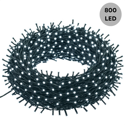 Cheqo® Kerstverlichting - Kerstlampjes - Kerstboomverlichting 16 Meter - 800 LED Lampjes - Geschikt voor Buiten - Geschikt voor Binnen - Koelwit Licht - 8 Lichtfuncties - Lichtsnoer met Timer - Geheugenfunctie - IP44 Adapter