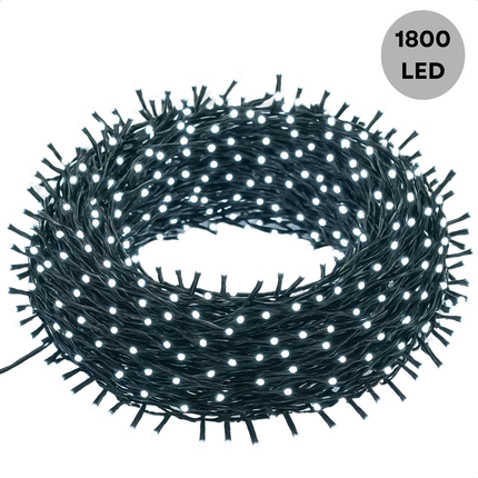 Cheqo® Kerstverlichting - Kerstlampjes - Kerstboomverlichting voor Buiten - 1800 LED Lampjes - 36 Meter Lichtsnoer - Wit Licht - Koelwit - 8 Lichtfuncties - Geheugenfunctie - Timer 8 Uur - IP44 Adapter - Groen Snoer - Binnen en Buiten